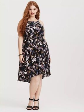 Torrid Women's Black Midi Challis High Neck Dress in Tropical Days